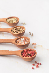 Various spices and green herbs in wooden spoons on white table