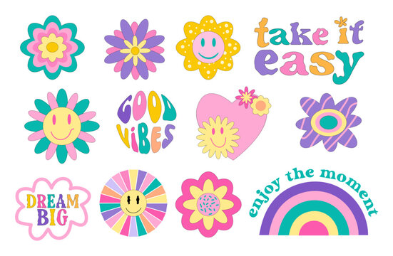 Groovy clipart with lettering, heart, rainbow and floral.Flower inspirational retro stickers. Trendy vector illustration.