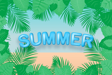 Fototapeta na wymiar Tropical background. 3D text SUMMER in palm leaves frame. Vector background