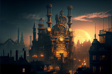 Naklejka premium Steampunk city, fantasy illustration. The sun goes into sunset.