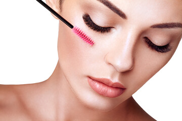 Beautiful Woman with Extreme Long False Eyelashes. Eyelash Extensions. Makeup, Cosmetics. Beauty,...