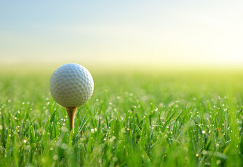 Close-up of golf ball on tee with sunrise background.