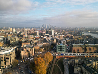 Fototapeta na wymiar City Scape London View, Shot with Mini 3 Pro Drone. Foggy Day