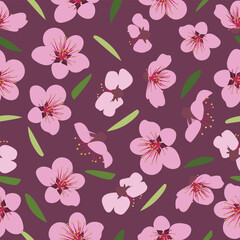 Seamless pattern of blooming pink flowers and green leaves. Vector illustration