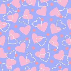 Pink hearts vector seamless pattern on blue background. Cute valentines day illustration for card, fabric, wallpaper or wrapping paper