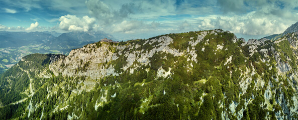 The Eagle's Nest: historic viewpoint over Berchtesgaden, Kehlsteinhaus, Obersalzberg Mountain, dron view