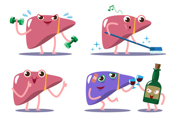 liver vactor,illustration flat cartoon character positive good healthy through exercise, singing while cleaning get rid of toxins, happy, smile strong and negative unhealthy weak drinking alcohol.