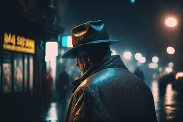 back of a male detective in a raincoat and hat in a noir-style night city. Generative AI