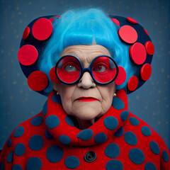 An old lady with blue hair wearing big glasses and a red polka dot outfit. She looks like a ladybug. This is a generative ai picture. She is not a real model and does not need a release form. - obrazy, fototapety, plakaty
