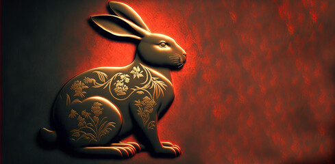 Chinese new year 2023 year of the rabbit. Gold bunny rabbit on red and black background. Image created with generative ai 