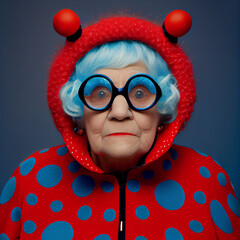 An old lady with blue hair wearing big glasses and a red polka dot outfit. She looks like a ladybug. This is a generative ai picture. Therefore, she is not a real model.