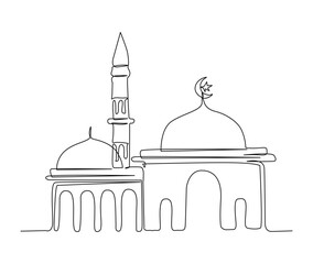 Continuous one line drawing of Mosque. Simple illustration of islamic ornament line art vector illustration.