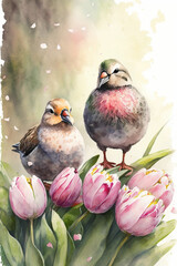 A couple of bird in the pink tulips with abstract background, for theme and gift card