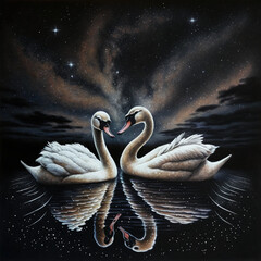 Two swans swim in the lake with black and orange night sky, romantic, for theme and painting
