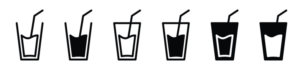 Drinking water glass icon set with a straw. Water glass or cup water icon symbol. Glass of drink water symbol in the restaurant or cafe, vector illustration