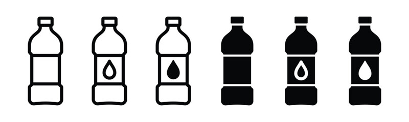 Plastic bottle icon set. Black plastic bottle with water drops symbol in line and flat style, vector illustration