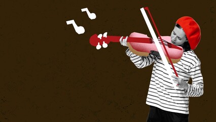 Contemporary art collage. Tender young woman playing violin. Classical music performer. Concept of creativity, retro style, music lifestyle, design.