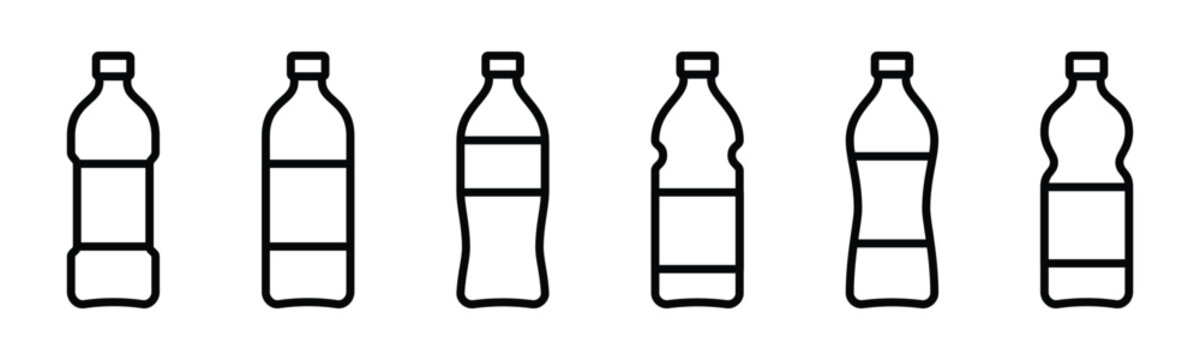 Plastic bottle icon set. Black plastic bottle symbol in line style. Mineral water bottles icons collection, vector illustration