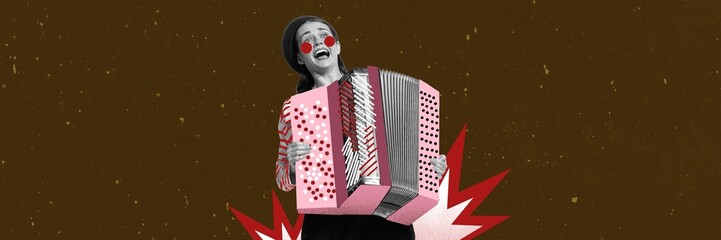 Emotional young woman playing drawn accordion and singing. Live performance. Concept of creativity, retro style, music lifestyle, design. - obrazy, fototapety, plakaty