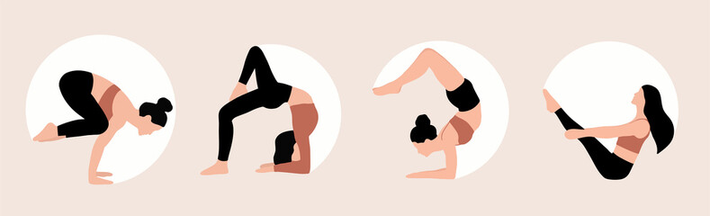 Bundle of woman demonstrating various yoga positions isolated on light background. Colorful flat vector illustration.	