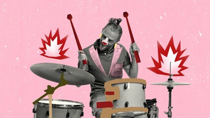 Contemporary art collage of young excited man, drummer playing drawn drums over pink background. Concept of music lifestyle, creativity, inspiration, imagination, ad