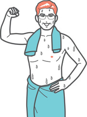 サウナで意欲のあるポーズをする男性