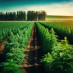 Cannabis hemp plants being grown in a field. Marijuana crop farming. generative AI  - obrazy, fototapety, plakaty