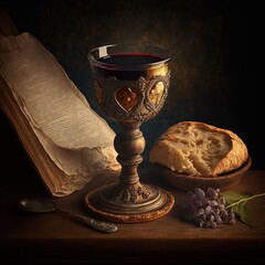 Holy communion on wooden table on church.Taking holy Communion.Cup of glass with red wine, bread.The Feast of Corpus Christi. Generative AI.