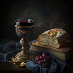 Holy communion on wooden table on church.Taking holy Communion.Cup of glass with red wine, bread.The Feast of Corpus Christi. Generative AI.