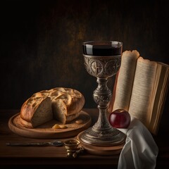 Holy communion on wooden table on church.Taking holy Communion.Cup of glass with red wine, bread.The Feast of Corpus Christi. Generative AI. - obrazy, fototapety, plakaty