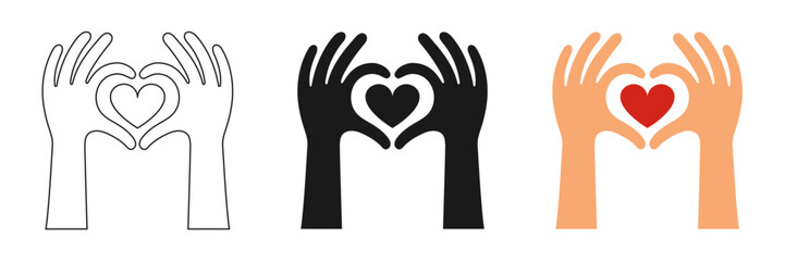 Red heart in hands. Icon set. Vector illustration.