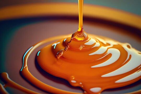 Honey is drizzled over the pancake. macro image of pancakes with syrup. A macro shot of a pancake with syrup. Spreading honey. Close up of a syrup drop. sugary food a breakfast in America. Close up ph