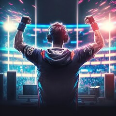 Professional eSports gamer rejoices in the victory in red blue illuminated game room, the winner, the joy of winning, generative AI,  - obrazy, fototapety, plakaty