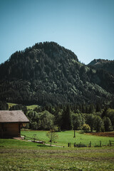 Wooden hut in the alps with mountains in the background Panorama