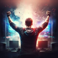 Professional eSports gamer rejoices in the victory in red blue illuminated game room, the winner, the joy of winning, generative AI,  - obrazy, fototapety, plakaty