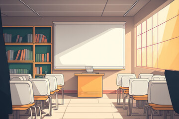 Empty, bright, modern college lecture hall with white board. Generative AI