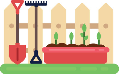 Rural gardening illustration. Tools and seedlings for planting