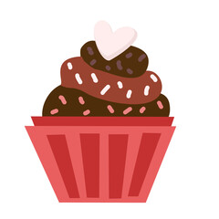 Valentine's day icon, vector, cartoon illustration. Cupcake with chocolate sprinkles and heart-shaped white chocolate on top. It can be used for social media, greeting cards, presentations