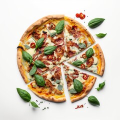 Top view bacon pizza with basil and cheese on white background