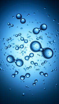 Models of hydrogen molecules floating against blue background - H2 scientific element	
