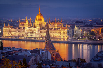 Fototapeta na wymiar Above Budapest and Danube river cityscape at evening , Hungary