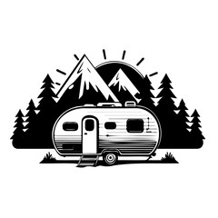 camper camp camping site with mountains and tree, camping in the woods, campsite with trailer landscape in retro style, svg file. - obrazy, fototapety, plakaty