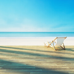 Beach lounge chair on white beach sunset sea view -3D rendering  - 567392546