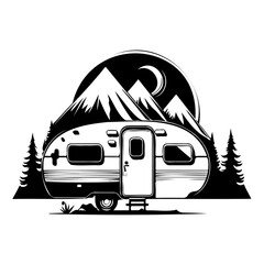 camper camp camping site with mountains and tree, camping in the woods, campsite with trailer landscape in retro style, svg file.
