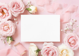 Blank paper card between pink roses and pink silk ribbons on pink top view, wedding mockup