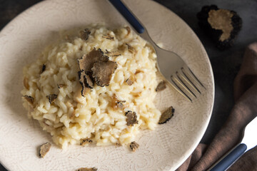 Risotto with porcini mushrooms and black truffles served in a plate top view, gourmet cousine