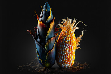 Corn vegetables splash isolated on black background
