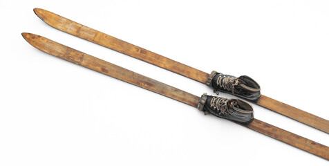 wooden ski with boots isolated on white background