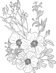 A fresh bouquet of perennial garden flowers centered in an 8.5 by 11 page. This vector line art is black and white and is perfect to color.