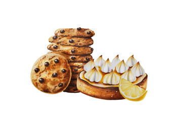 Watercolor lemon tart with meringues and chocolate cookies. Hand painting sweet on a white isolated background. For designers, menu, shop, polygraphy,bar, bistro, restaurant, for postcards, wrapping